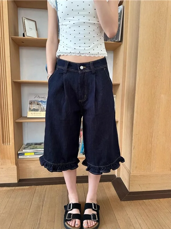 بنطلون جينز نسائي بخصر عالٍ وطول سبعة أقدام، ضيق ومزين بحواف مزهرة، بأسلوب كاجوال، طول متوسط، إصدار جديد للصيف