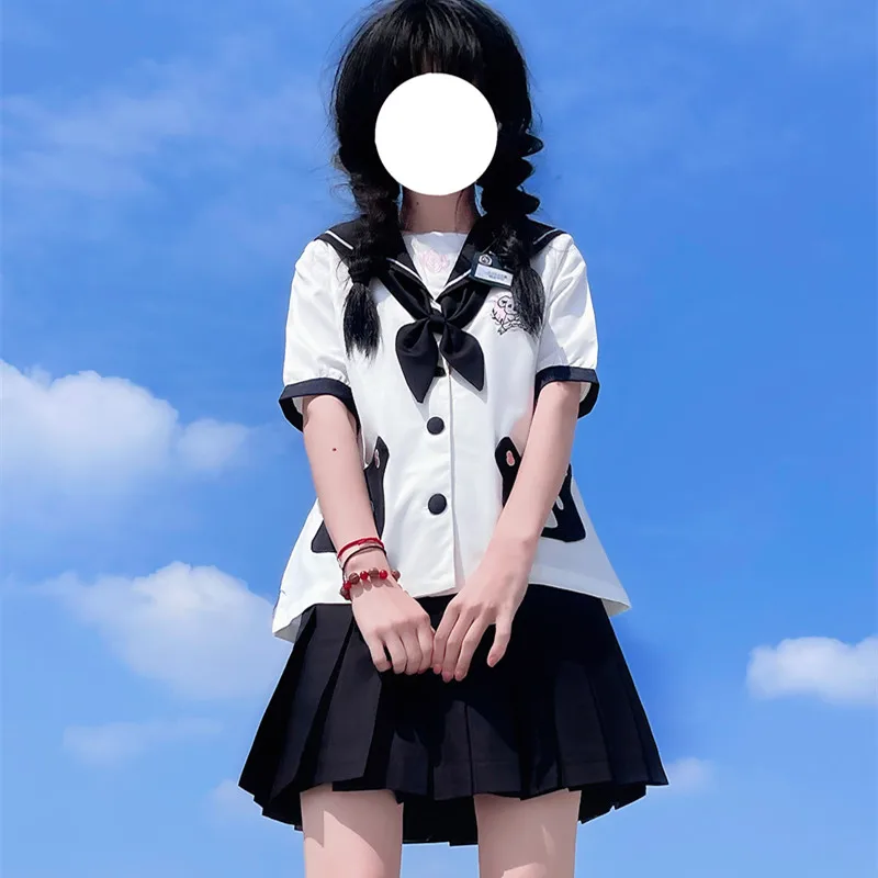 

Оригинальная японская униформа Jk для детского сада, милая мультяшная вышивка, темно-синий воротник, рубашка с короткими рукавами, топ, студенческая плиссированная юбка