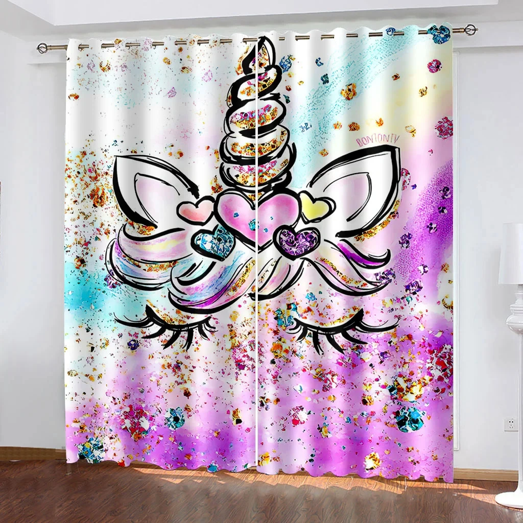 Pink Twinkling Unicorn Rainbow Eyelash Window Curtains Blinds For Living Room Kids Bedroom Bathroom Kicthen Door Home Decor2Pcs