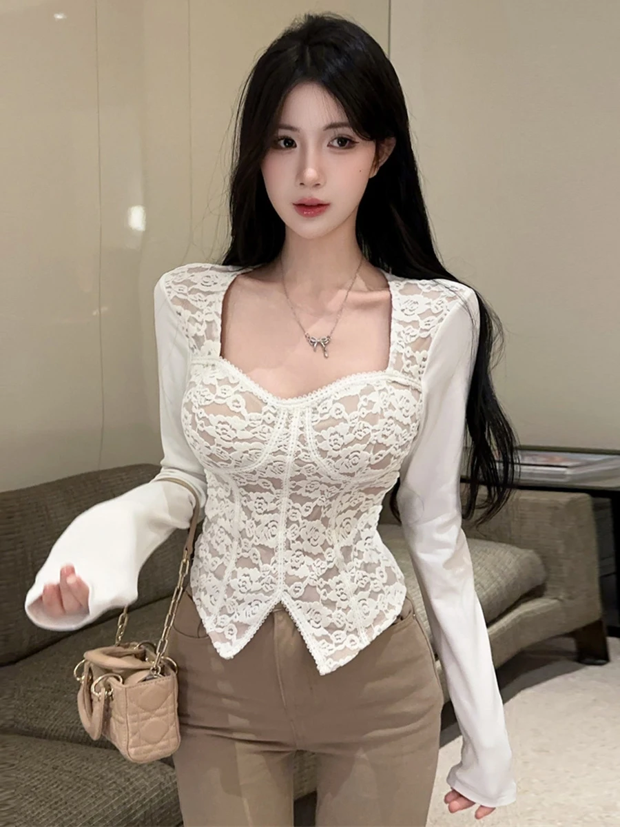 Elegant Lace Long Sleeve Fleece Lined T-Shirt Square Neck Slim Fit Women's Top Versatile Base Layer Autumn Fashion Sexy Style