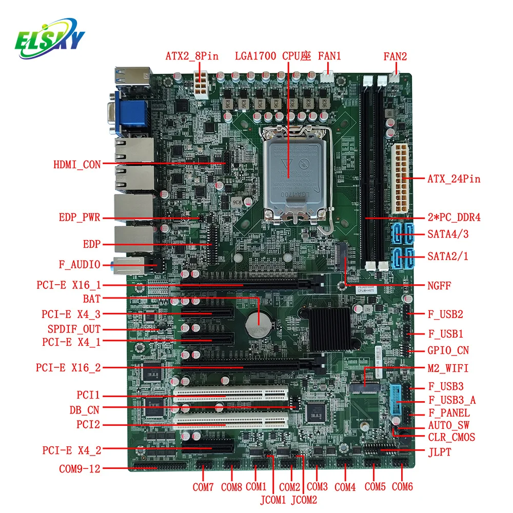 ELSKY Motherboard for Computer GK1200 with CPU 12/13/14th Gen Core I3 I5 I7 I9 LGA1700 16*USB 12*COM 6*LAN PCI-E X16 PCI-E X4 view 6