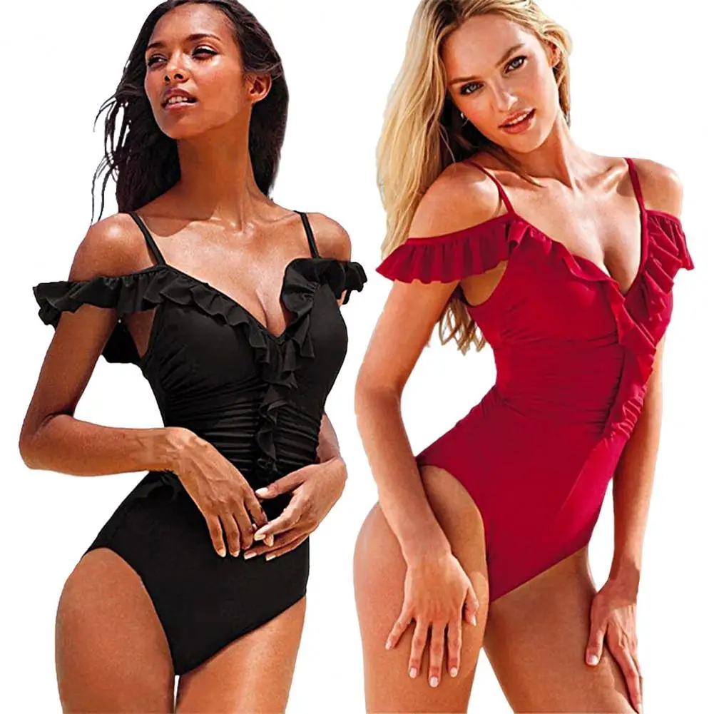 Sexy One-Piece ชุดว่ายน้ำสตรีสีทึบปิดไหล่ Slim Fit Ruffle ผู้หญิงมีดีไซน์ชุดบิกินี่สำหรับ Beach เสื้อผ้าหญิง