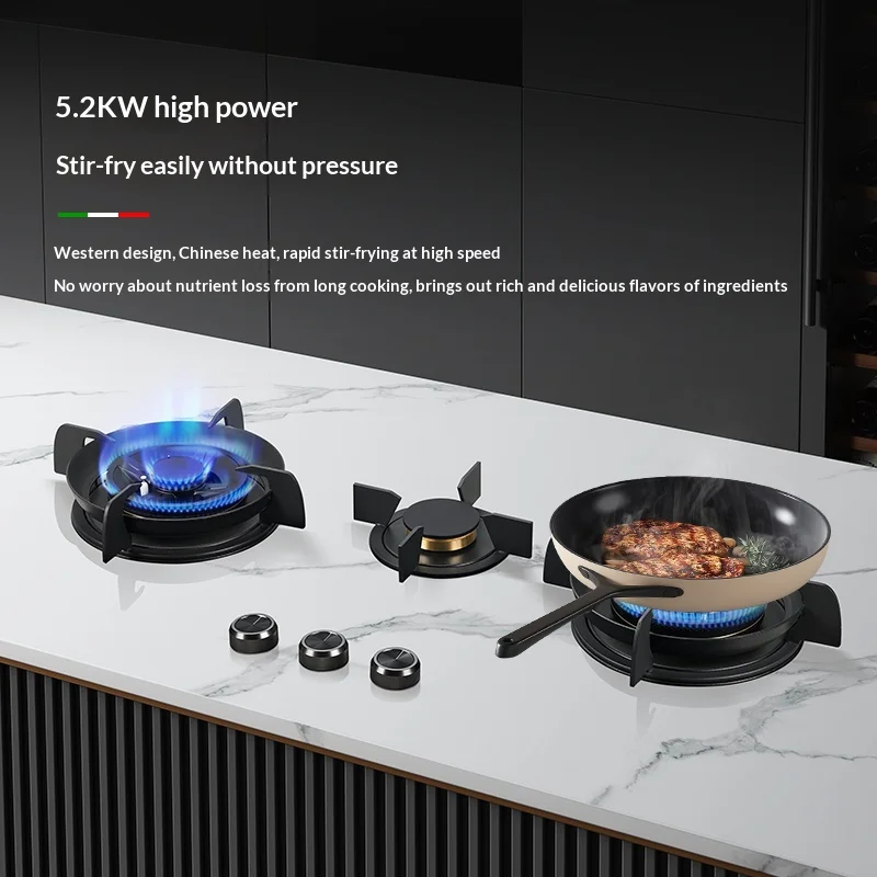 Rock slab embedded three-eye hidden fire gas stove, the surface is tempered glass, first-class energy efficiency