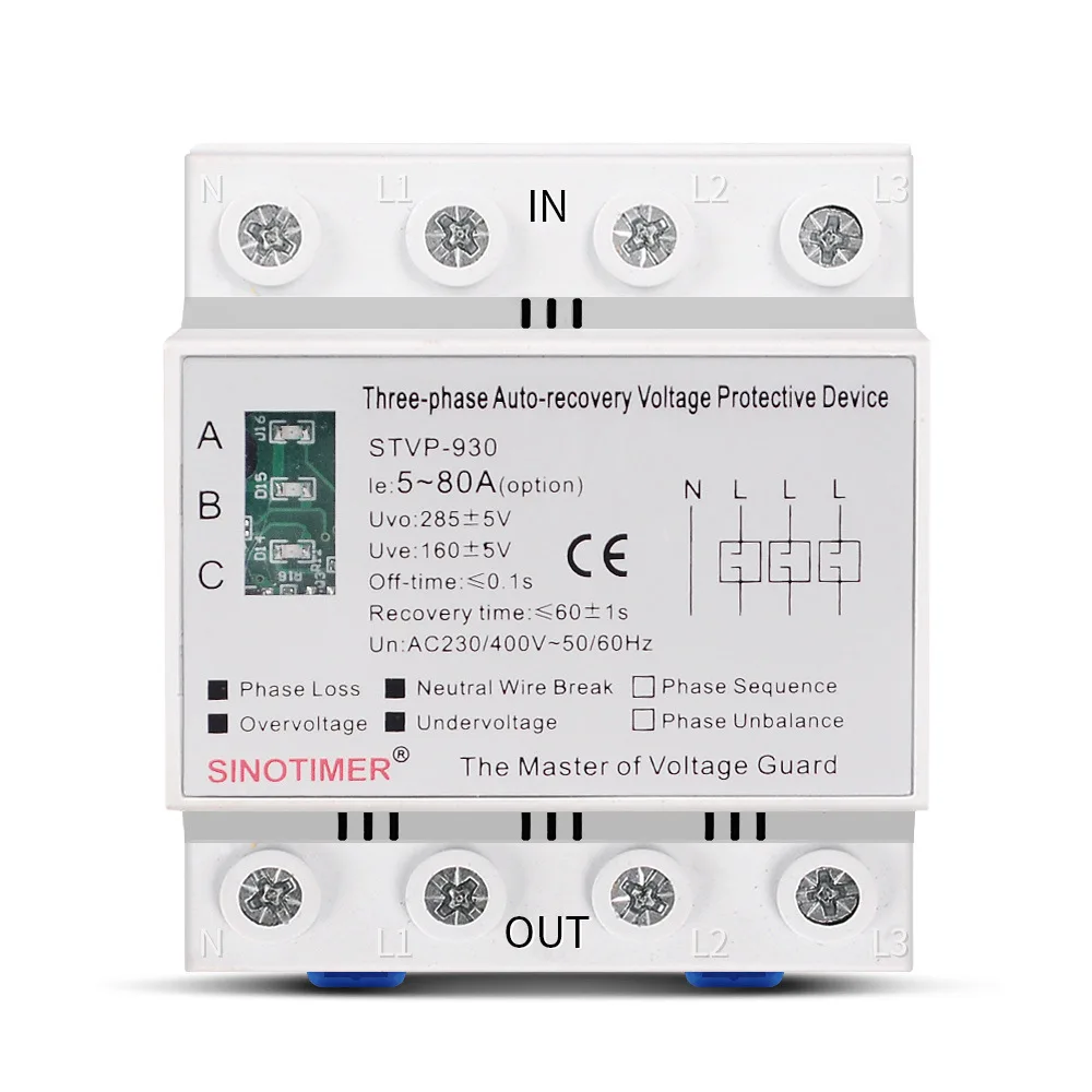 STVP-930 63A 80A Three Phase Four-wire Auto-recovery Protective Device Self Reconnect Surge Voltage Protector DIN Rail Mounted