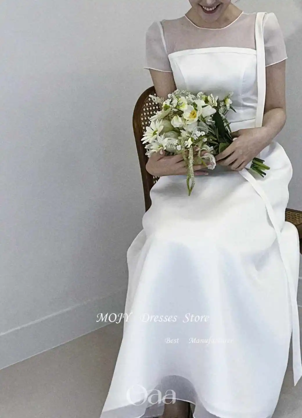 

MODX Simple A Line Korea Wedding Dresses Photoshoot Short Customised Short Sleeves O-Neck Bridal Gown Mariage Floor Length Dres