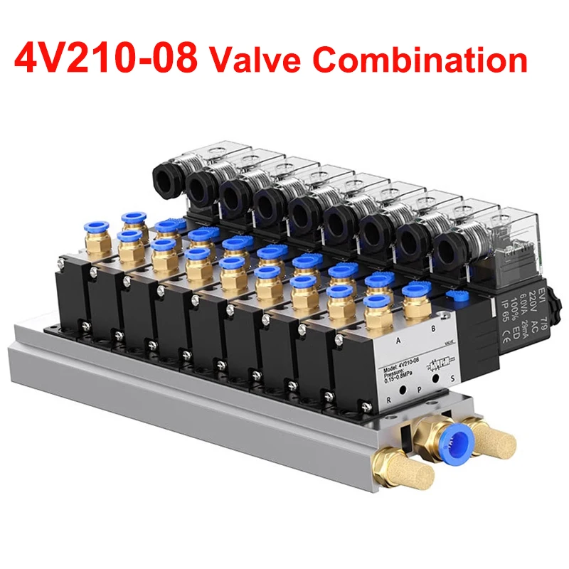 Image of 12/24 V DC 110/220 V AC Multi Option 4V210-08 Pneumatischer Magnetventilblock mit Schalldämpfer-Fitting-Basisverteiler 2/3/4/6 Wege