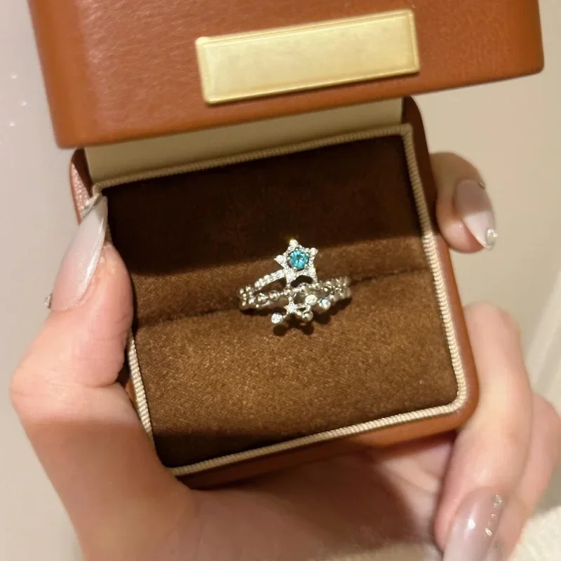 

Exquisite inlaid diamond blue ring couple's silver 925 sparkling bubble star rings for women Beautiful fine jewelry gift