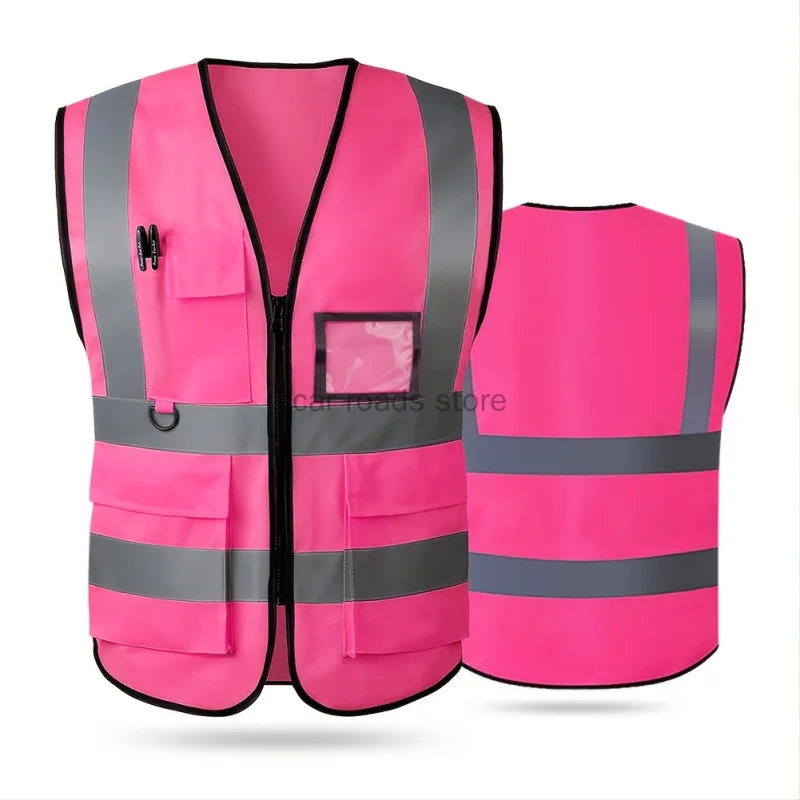 Chaleco de seguridad reflectante rosa para hombres y mujeres, seguridad de alta visibilidad con bolsillos, cremallera frontal, cumple con los estándares ANSI/ISEA