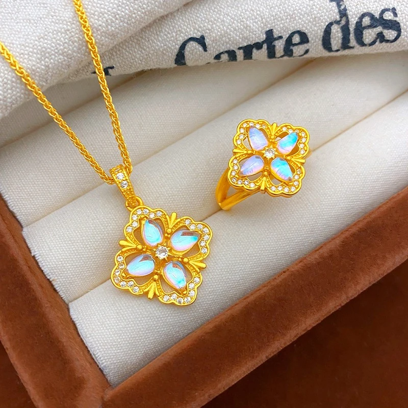 

Настоящее 18-каратное золотого цвета, золотой лунный камень, кулон в виде клевера, кольцо, ожерелье для женщин, подруги, свадьбы, вечеринки, наборы ювелирных украшений