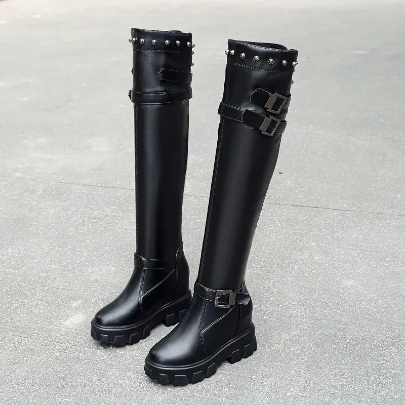 Winter 2024 Wedges Warm Shoes Black High Heel Women Over The Knee High Boots Female Fashion Rivet Sneakers Tight High Boots Lady