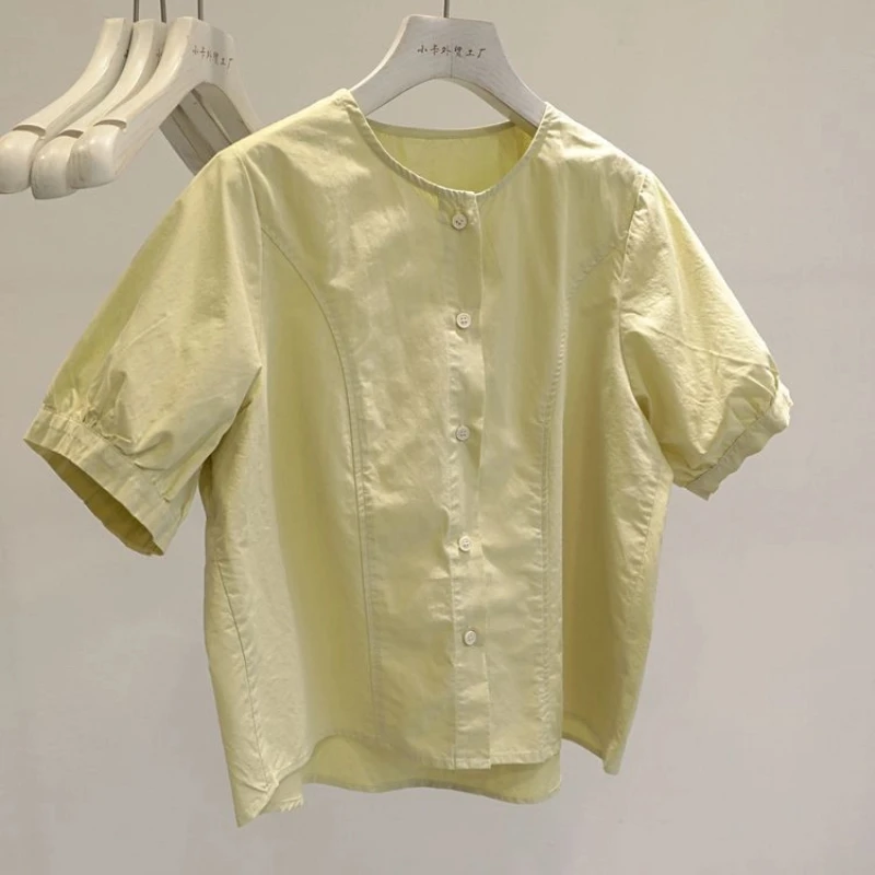 

Elegant Simplicity Loose Shirt Tops Summer New Short Sleeve Solid O-neck Button Fashion Blouse Temperament Korean Women Clothing