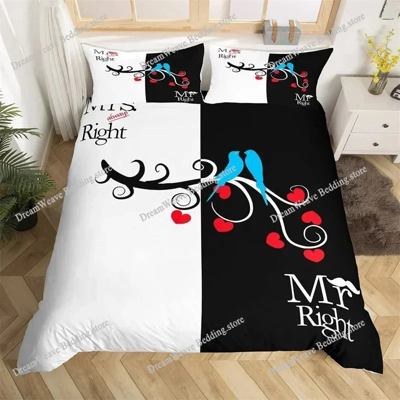 Mr Mrs Bedding Set Microfiber Romantic Wedding Theme Duvet Cover Set King for Valentine Day Funny Quotes Love Heart Quilt Cover