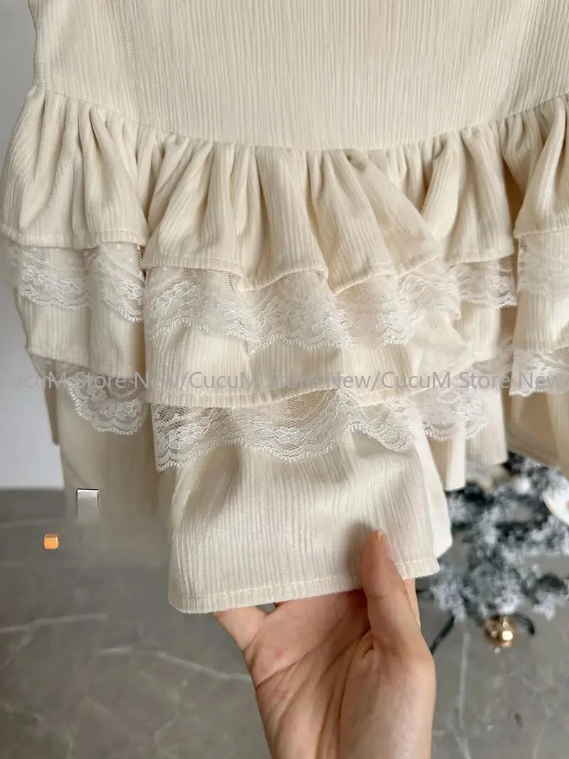 Vintage Cake Skirts Lace Patchwork High Waist Mujer Faldas Solid Fashion Sweet Falda Casual Temperament Short Skirt for Women