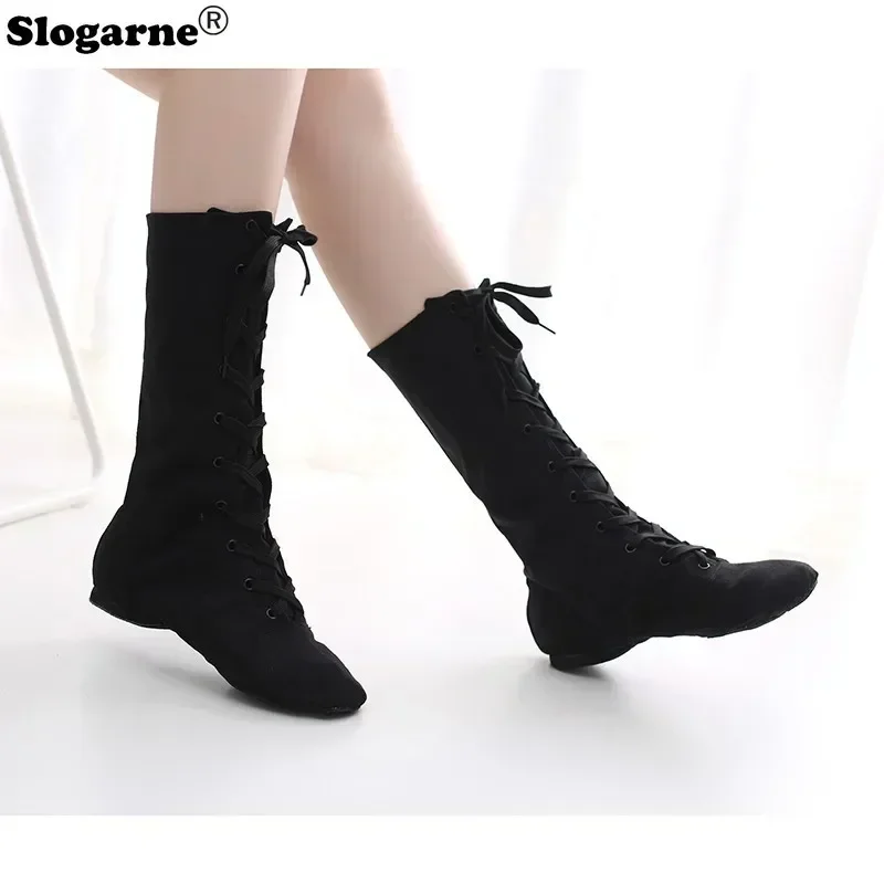 Women Canvas Jazz Boots Girls Dance Shoes Kids Stage Performance Shoes Soft Leather Sole Modern Jazz Show Ballroom Ballet Shoes