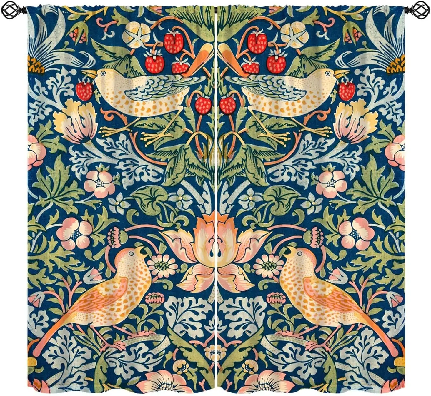 Vintage Morris Botanical Bird Curtain 2 Panels Deep Blue Strawberry Floral Inn Room Print Window Curtain Elegant Antique Art