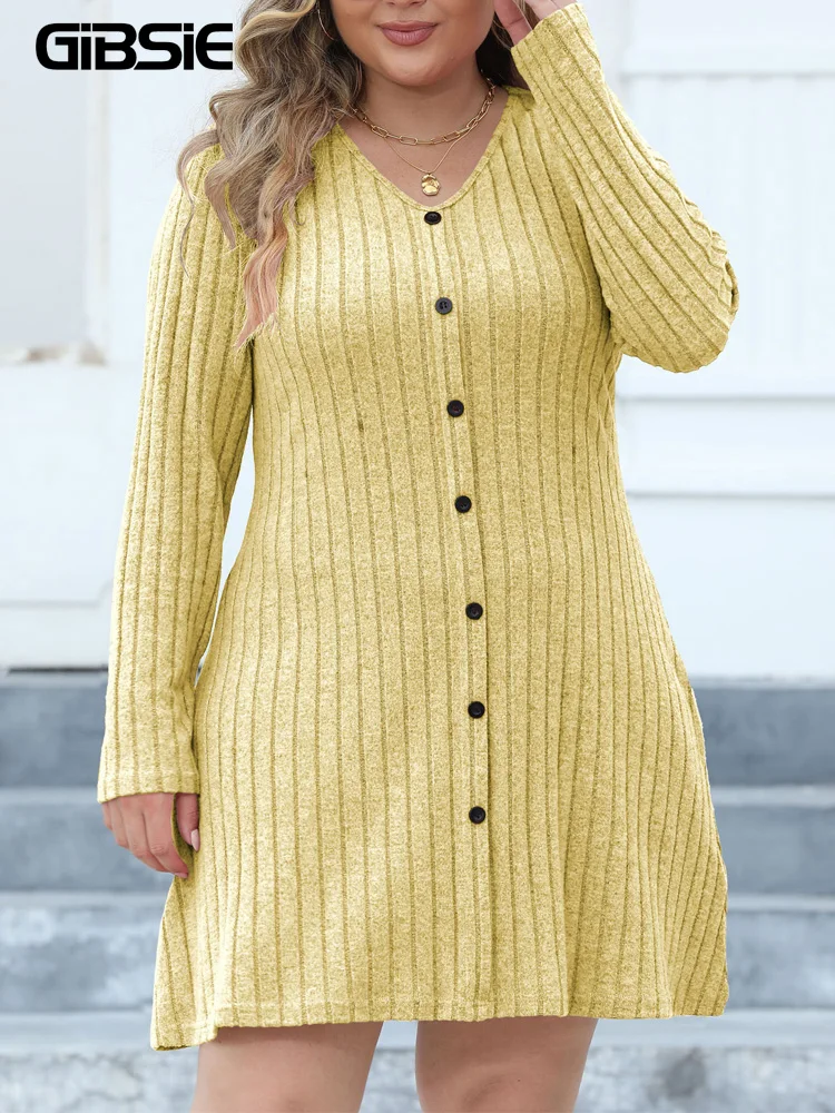 GIBSIE Plus Size Solid Button Front Ribbed Knit Dress Women 2023 Fall Casual Long Sleeve V Neck Mini Dresses Without Belt