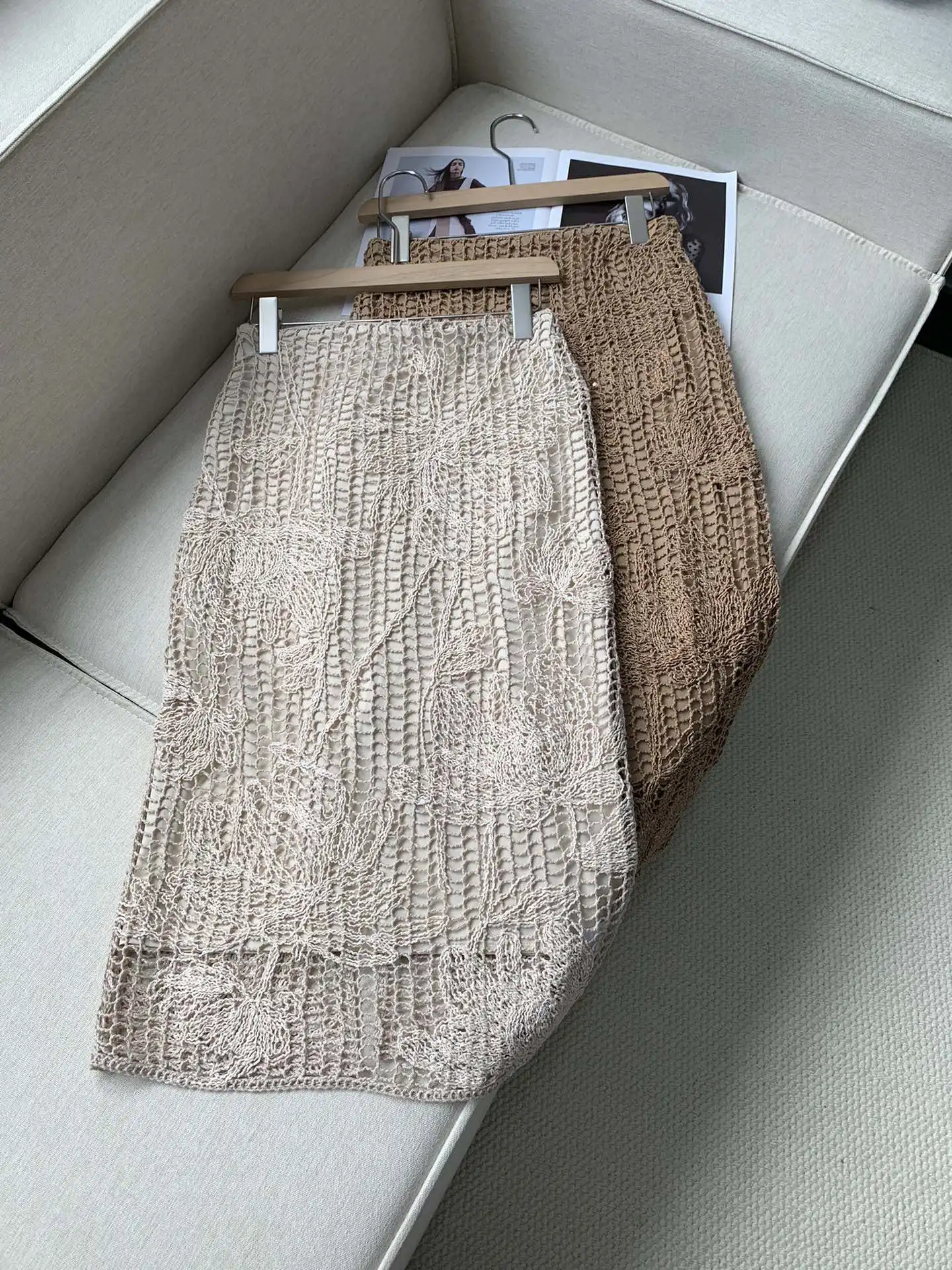 Early Autumn Fashion Set Cotton Top Crochet Hollow Knit Cardigan Short Sleeve Elastic Hip Skirt Women