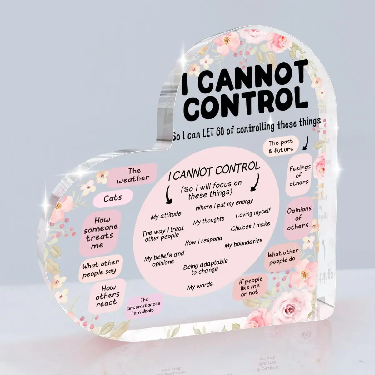 Heart‑Shaped Acrylic Plaque I Cannot Control Mental Health Self Care Floral Desktop Ornament Therapy Office Home Decor Gift