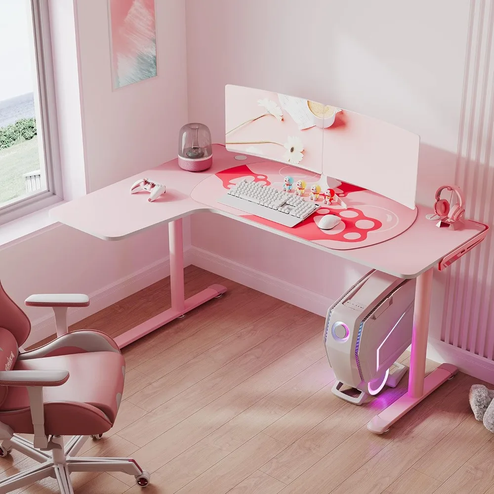

Pink L Shaped Gaming Desk, 60 Inch Large Home Office Corner PC Computer Table Study Writing Modern Workstation Girls Female