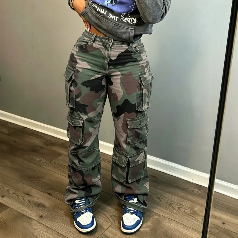 Women Streetwear Camo Straight Leg Denim Pants Loose Fit Multi Pocket Casual Long Trousers