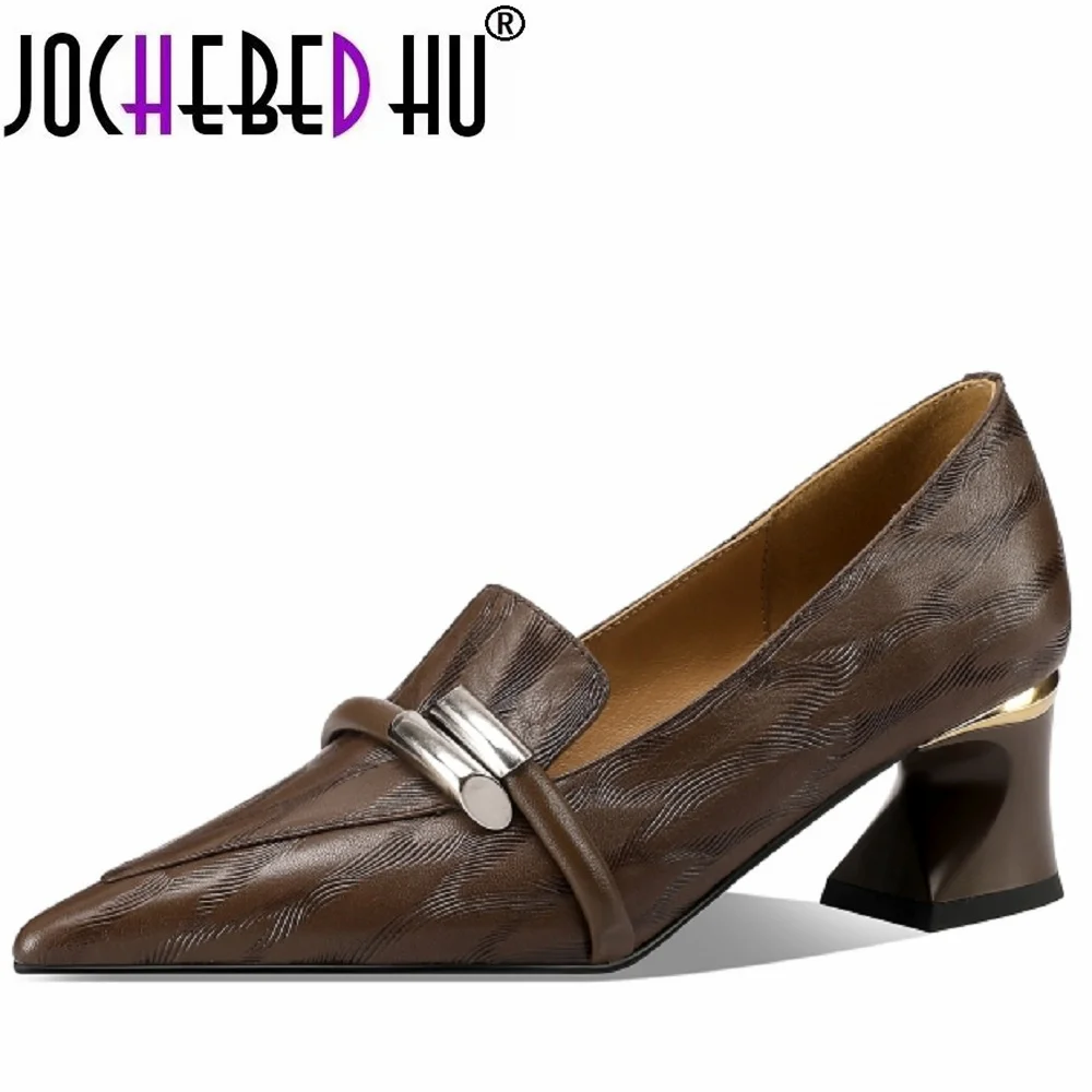 【JOCHEBED HU】Brand Genuine Leather Cute Bowtie Loafer Pumps High Spool Heel Pointed Toe Handmade Lady Heeled Shoes 34-40