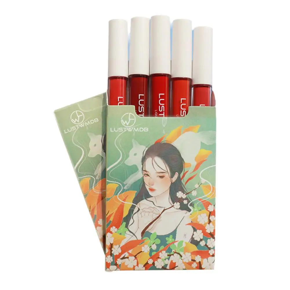 Conjunto de esmalte labial chinês, caixa de cigarro, batom hidratante pequeno, anti-lábio anti-lábio, linha elegante, fosco, J7P8, 1 caixa, 5pcs