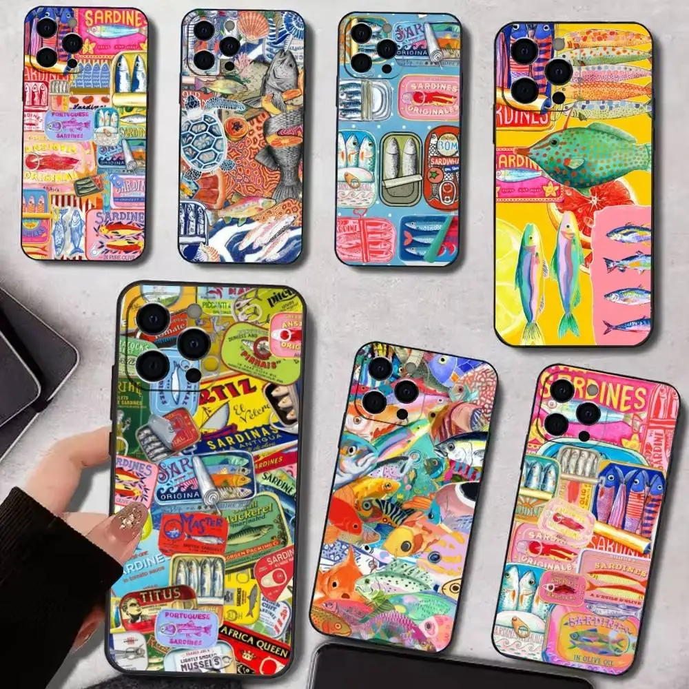 

l-Iconic Sardines Fish Art Phone Case For iPhone17,16,15,14,13,12,11 Plus,Pro Max Soft Black Cover