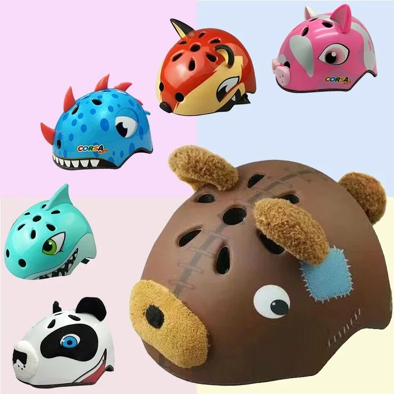 3-8 Years Children Bicycle Helmets Bike Cycling Riding Roller Long Skates Board Kids Animal Cartoon Dinosaur Shark Fox Cute Bear