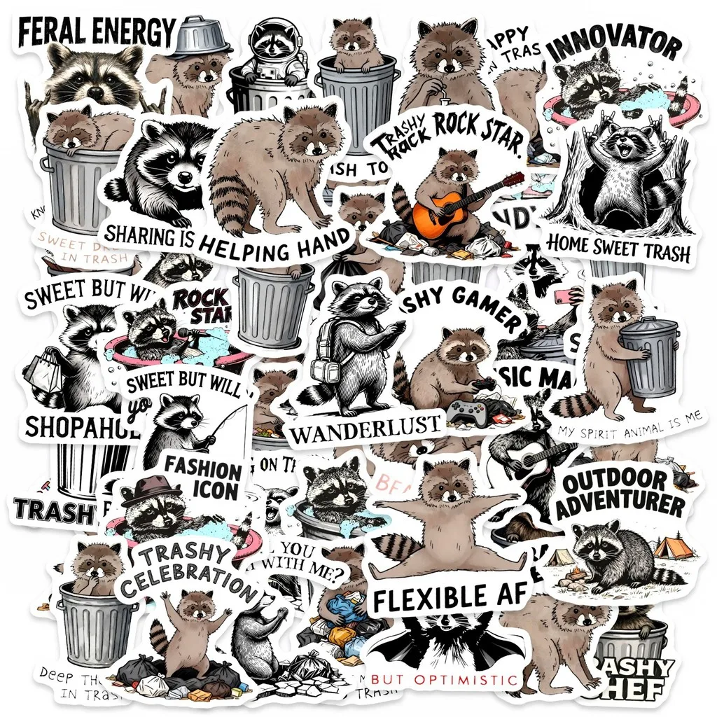 50Pcs Funny Raccoon Themed Stickers, Cartoon Waterproof Decals for Skateboard and Water Bottle DIY Decor RecordingYourLife Store