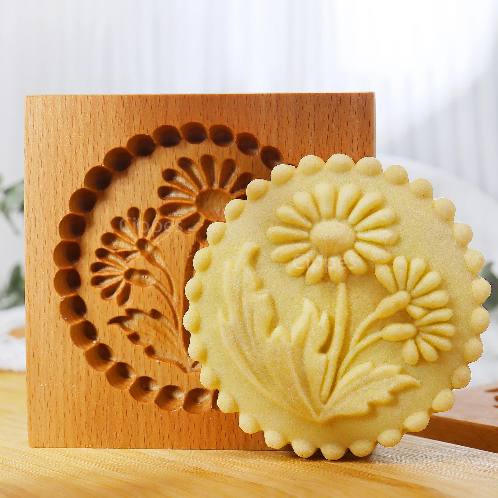 1PC Wood Cookie Molds with Flower Patterns, 3D DIY Carved Embossed Cookie Cutter Moulds for Baking, Fondant Cake Biscuit