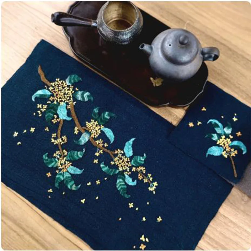 Sashiko Embroidery Kit Fabric with Osmanthus Flower , DIY Hand Sewing Project for Adults Beginner, Make a Tea Ceremony Coaster