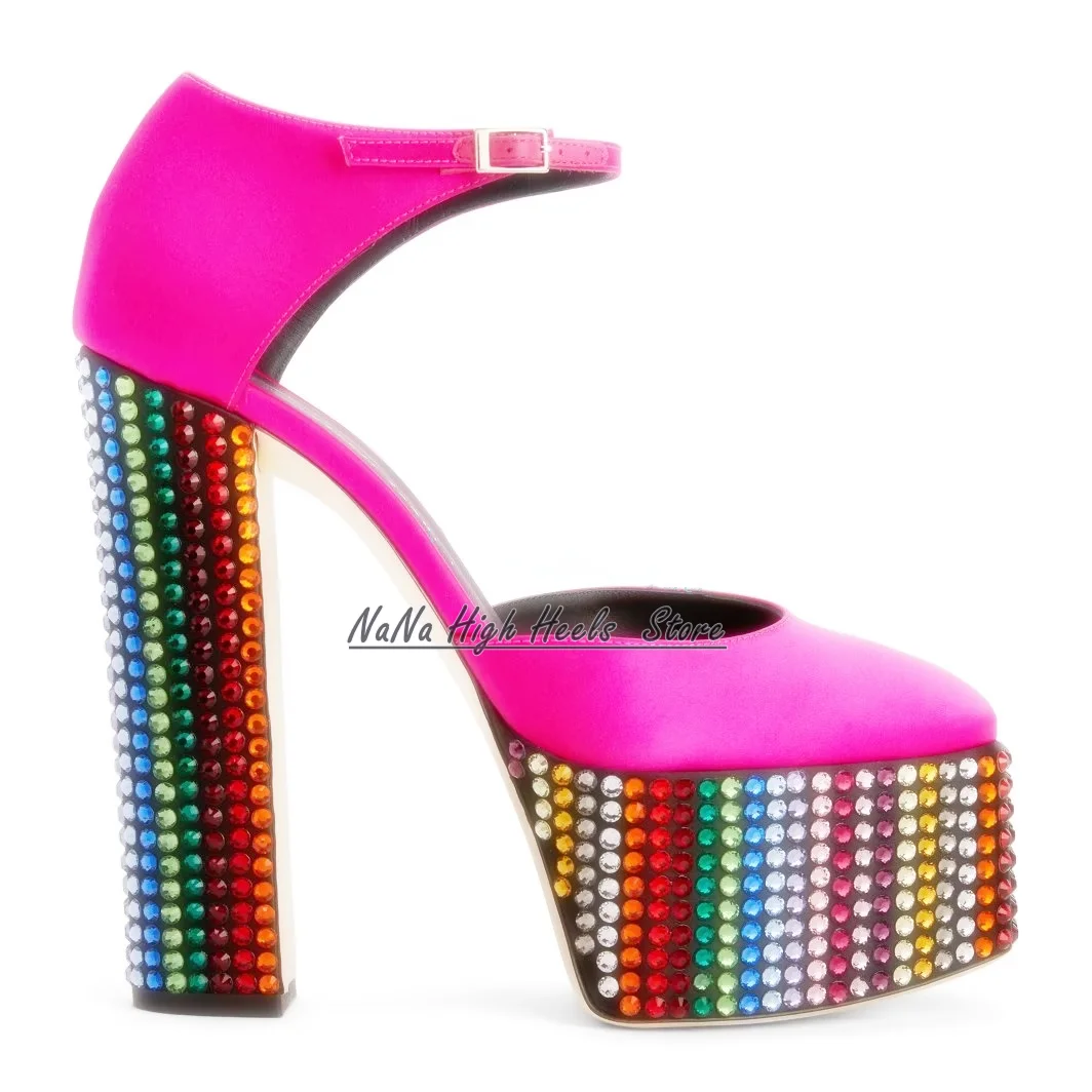 New Fuchsia Satin Platform Multicoloured Rhinestone Sandals 2022 Women Round Toe Block High Heel Sandals Luxury Ladies Buckle