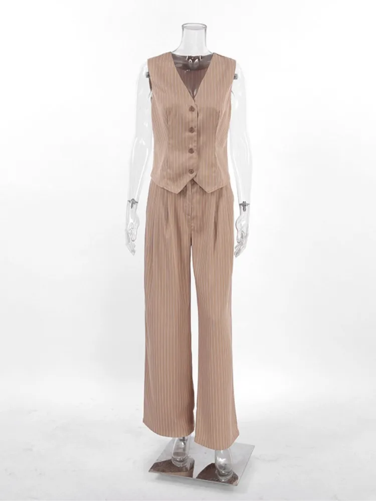 

Woman 2 Piece Set Outfit Striped Vest Sleeveless Tops Trousers Simple Style Two Piece Outfits Contrast 2026 New Long Pants Slim