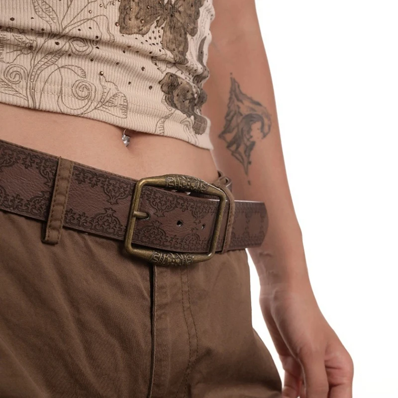 New Print Pattern Retro Y2K Belts For Women Luxury Buckle Pin Waist Belt Female PU Leather Hip Hop Fashion Waistband