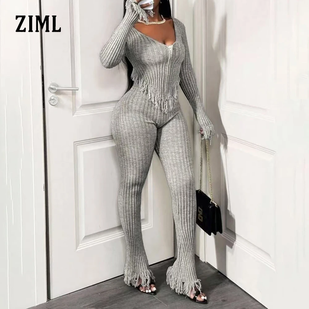 

ZIML Solid Two Piece Sets for Women Round Neck Long Sleeve Irregular Hem Vest High Waist Pants Spliced Tassles Set Female New