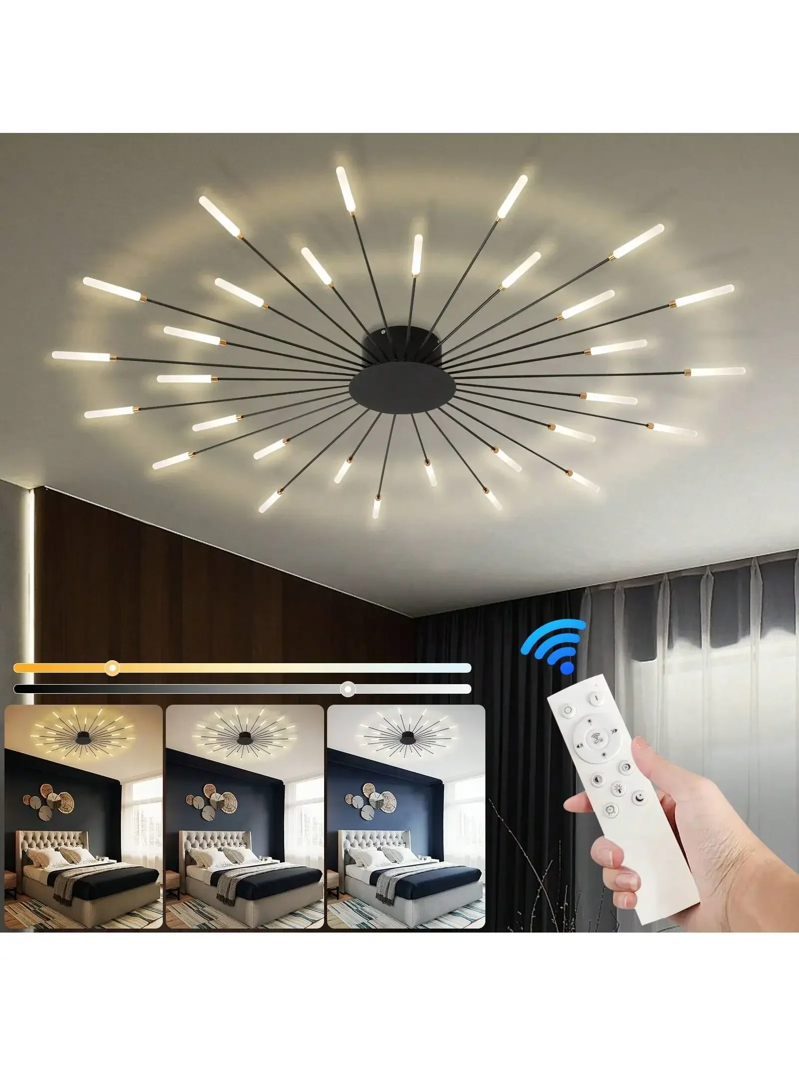 LED 모던 불꽃놀이 모양 천장 램프, 3 색 무단 조광 샹들리에, 거실, 식당 침실 (30 헤드)