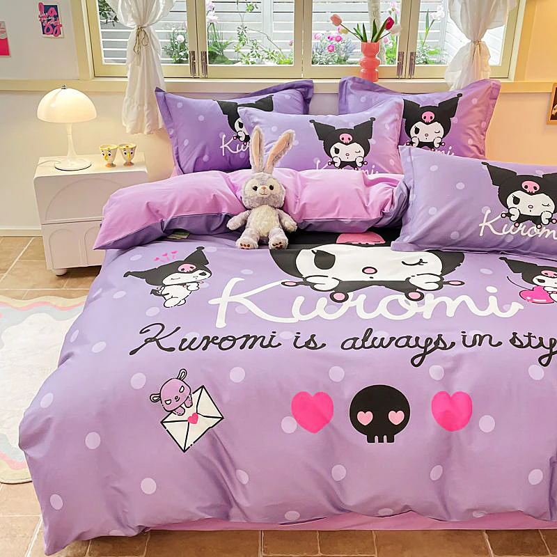 Sanrios Anime Kuromi Bedding Set Cute Cotton Pillowcase Soft Kids Bed Sheets Twin Size Bedding Home Textile Home Bedroom Decor