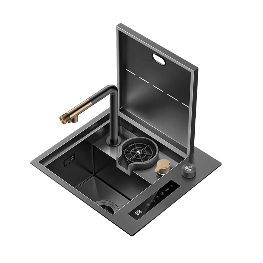Luxury Black Single Bowl Small Farmhouse Kitchen Sink 304 Stainless Steel Modern Undermount Handmade Yimilla KS4542 Faucet One
