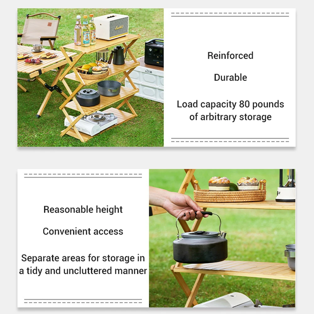 Outdoor camping solid wood folding table multi-layer storage rack camping and self driving dual purpose portable storage table