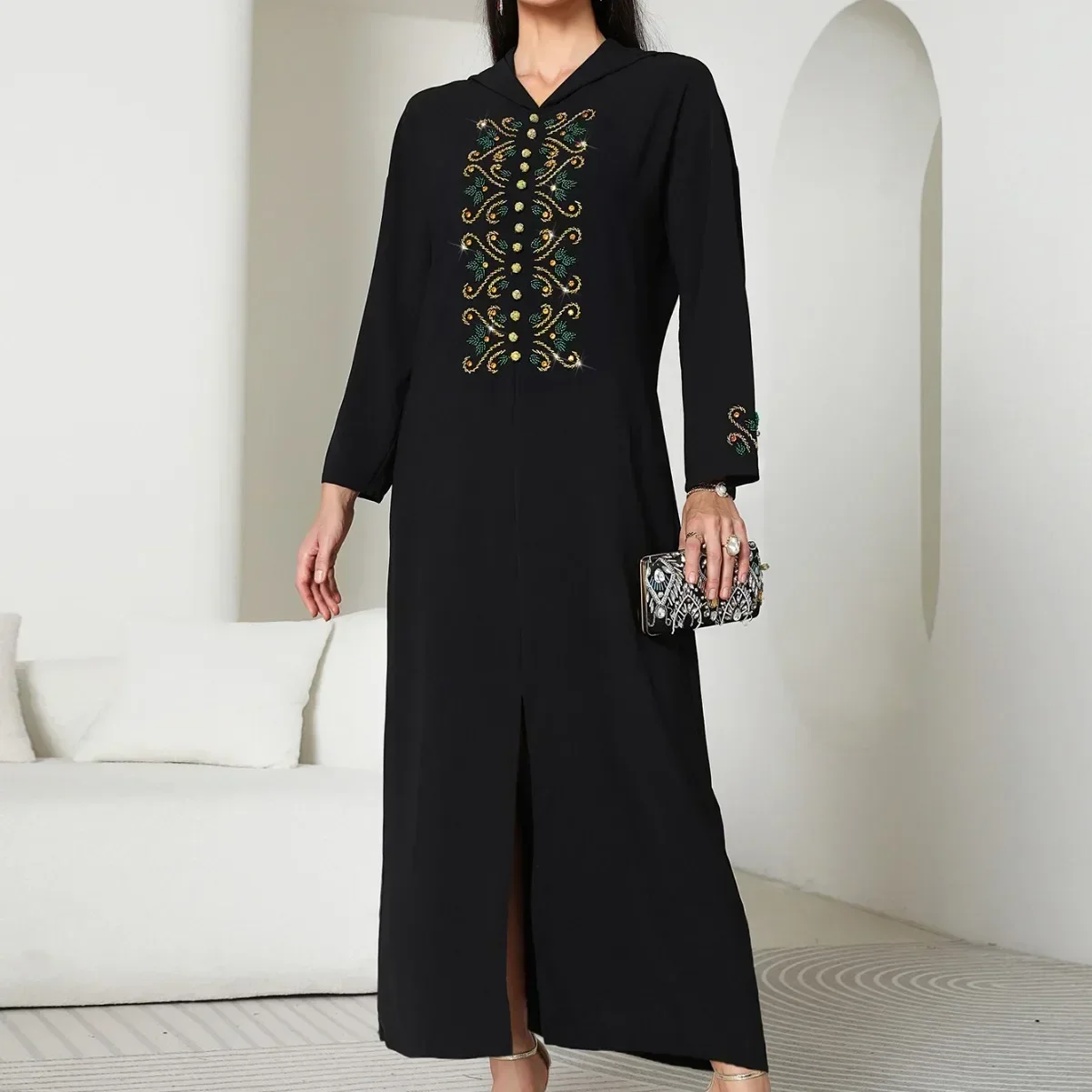 Black V-neck Split Dress Turkish Malaysia Muslim Dresses Fashion Hooded Abayas for Women Dubai Islamic Elegant Kaftan Vestidos