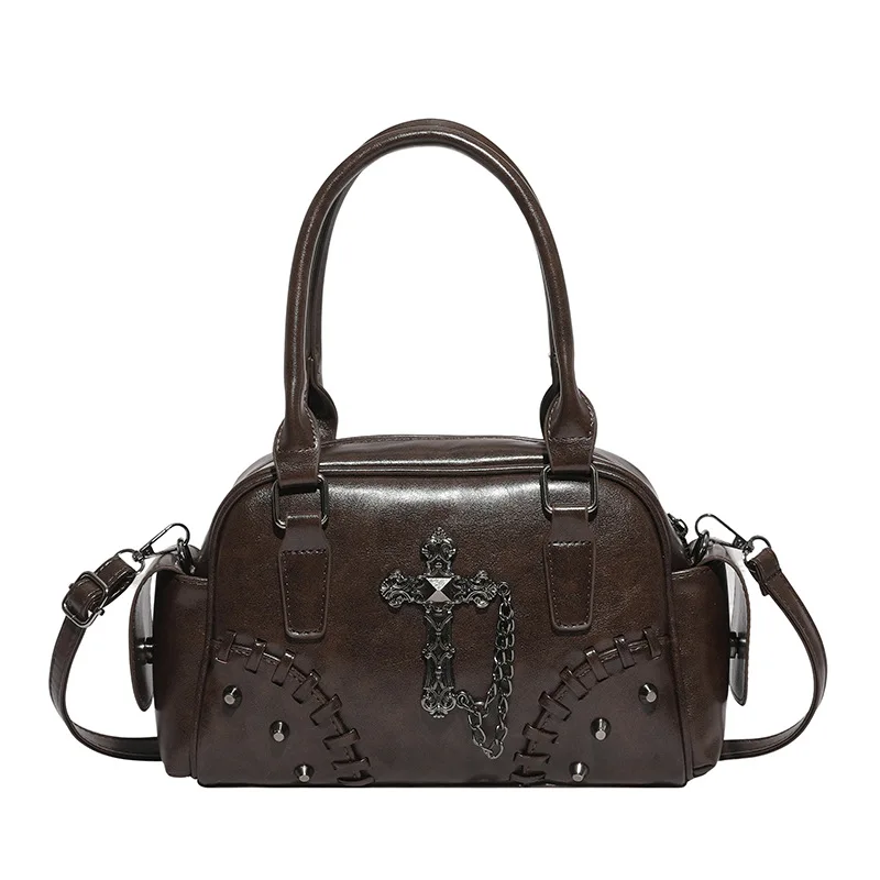 

Motorbike Punk Studded Shoulder Bag,luxurious Y2k Personality Unique Design Boston Bowling Underarm Bag Retro Cross Chain Gothic
