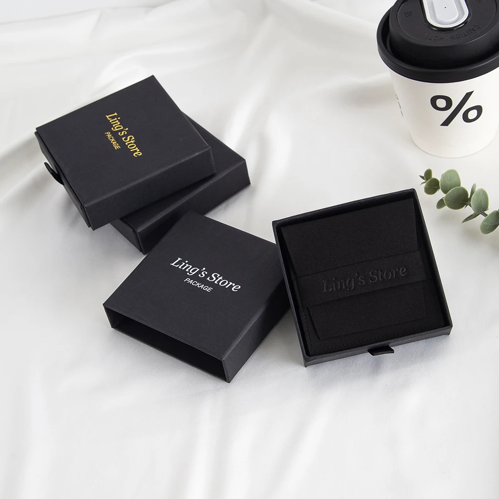 100Pcs Lovely Custom Logo Black Mini Drawer Boxes with 8x8cm Black Microfiber Packaging Bags Earring Wedding Gifts Storage Sack