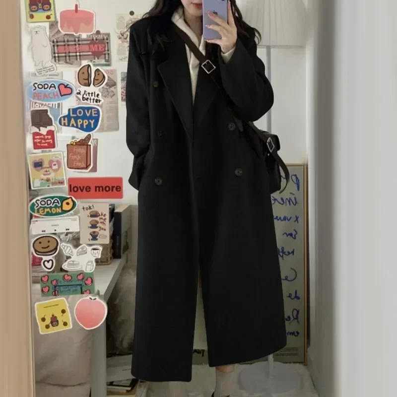 Autumn Winter Women Thick Long Coats Double-breasted Elegant Jackets Fashion Streetwear Solid Color Female Vintage Outerwear