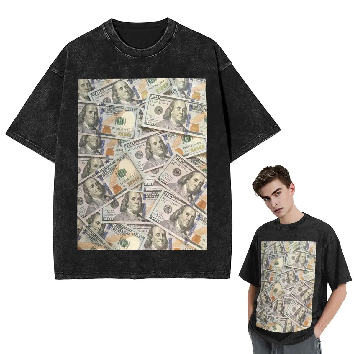 Streetwear T-Shirts New Hundred Dollar Bills Money Attraction Washed T Shirt Short Sleeve Hip Hop T-Shirt Tops Tees Men Women