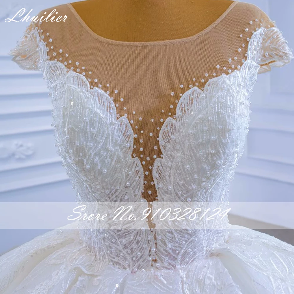 Lhuilier personalizado colher pescoço vestido de baile renda vestidos de casamento mangas curtas pérolas frisado vestido de noiva com trem capela