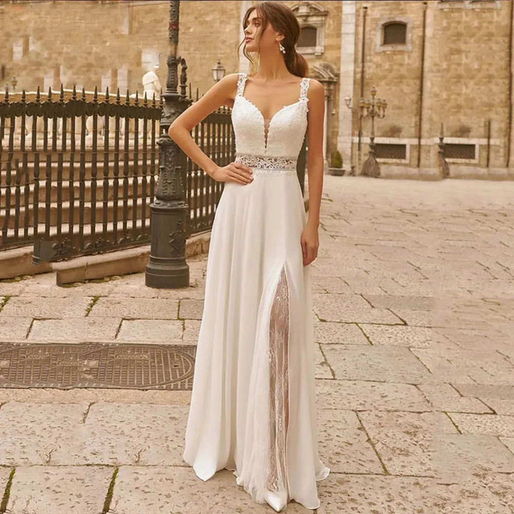 Vestidos de casamento lindos para mulheres, vestido de noiva sem costas, decote V, sem costas, sem ombro, sem mangas, alta divisão, noiva personalizada, novo