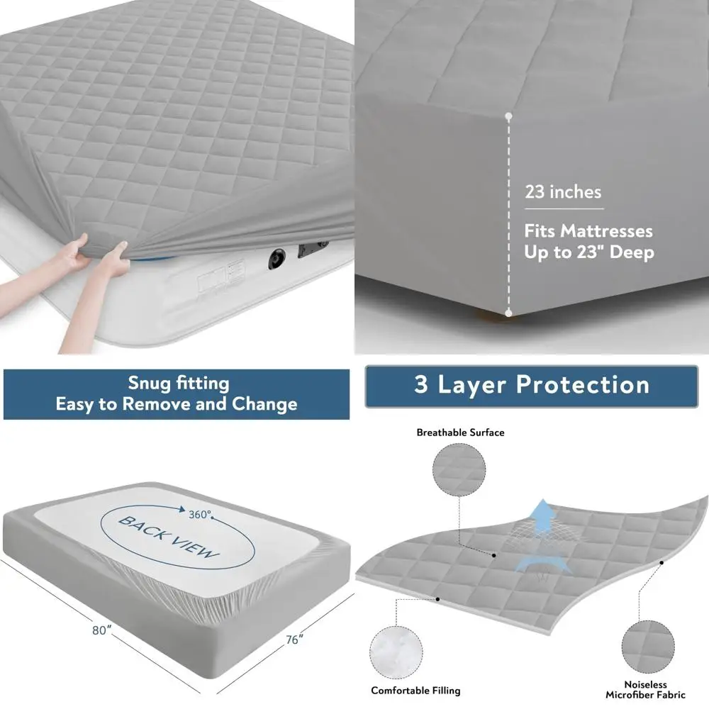 

King Size Soft Quilted Air Mattress Topper with Deep Pocket and Breathable, Silent Airbed Cover