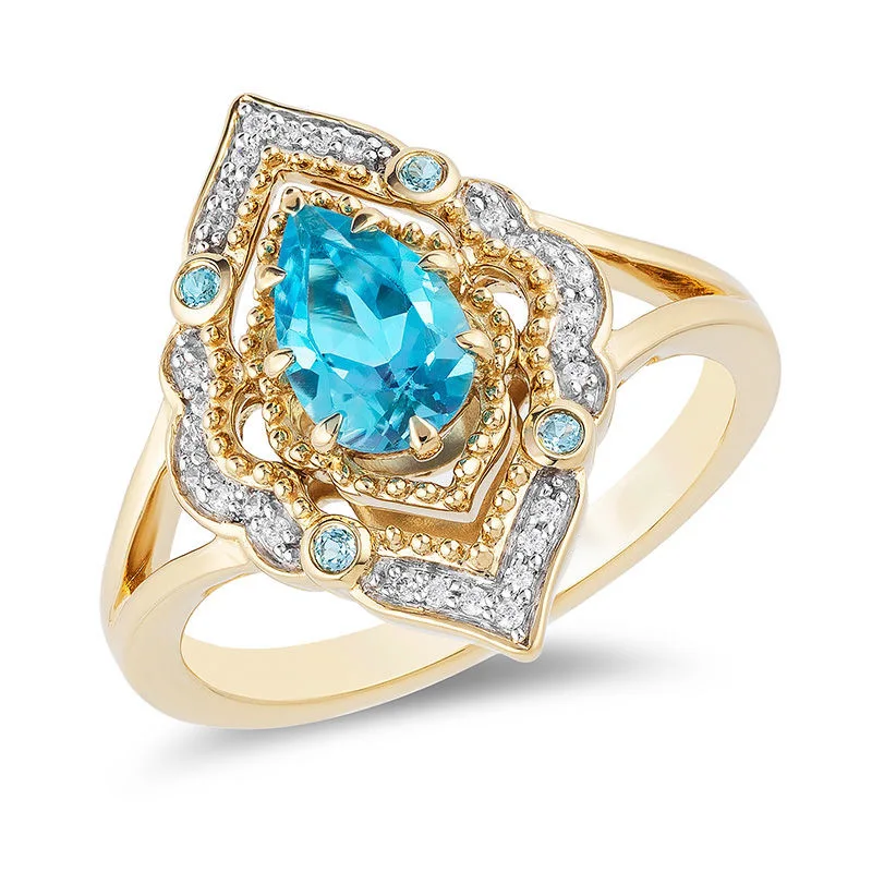 925 sterling silver pear shape swiss blue topaz magic lamp water drop design premium fashion statement ring for ladies