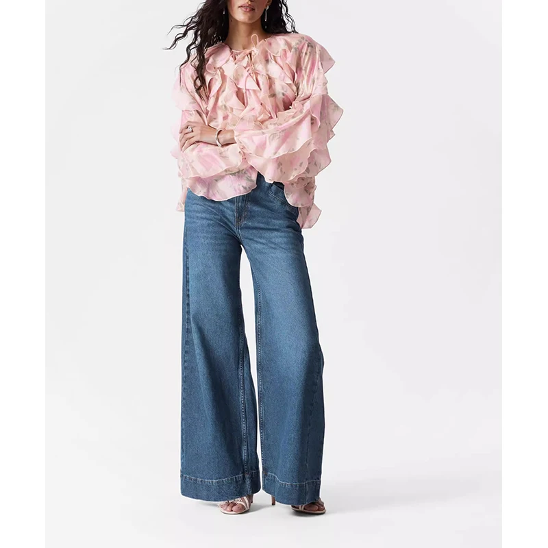 

Sweet Floral Print Long Sve irt Spring Summer New Arrival Women's Top Pleated Commute Sle Loose Fit round Ne