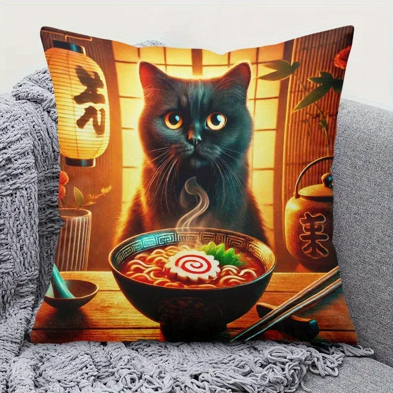 1pc 2d Flat Pillow Not Included Black Cat Ramen Bowl Japanese Style Cushion Cover Short Plush Foodie Pet Lover Decor Pillowcase